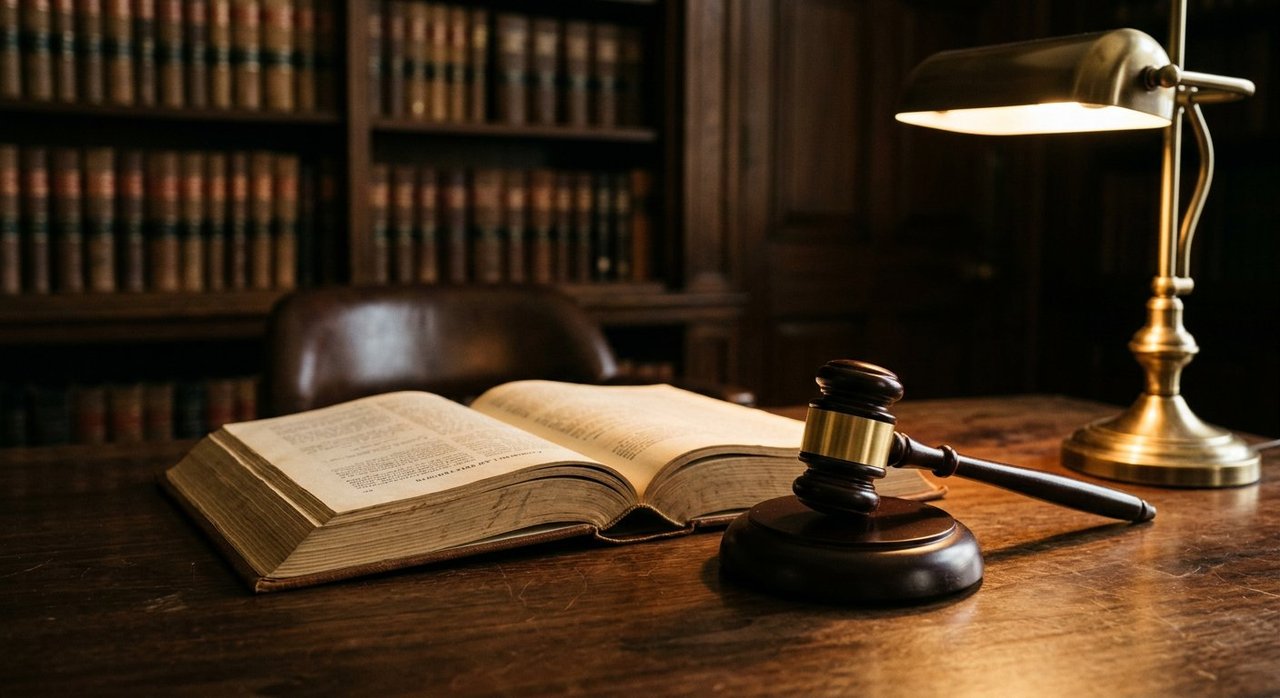دست ربات و چکش قاضی روی میز کار حقوقی